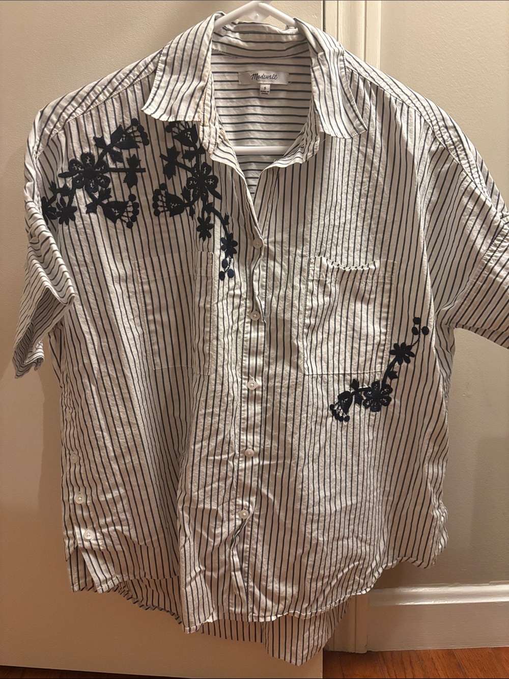 Madewell White Striped Button-Down Shirt with Black Floral Embroidery